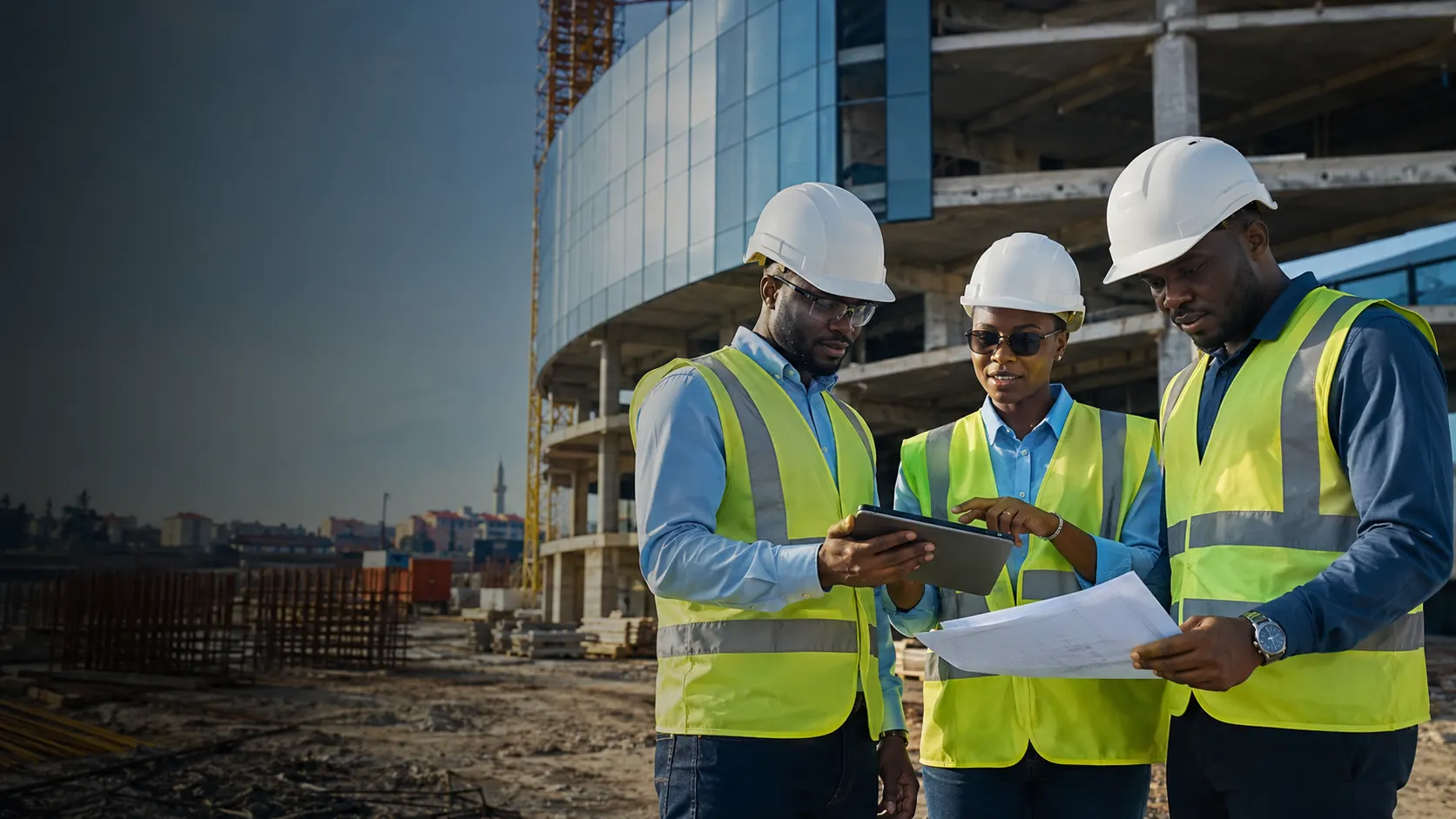 Ingénieurs du BTP consultant des plans et une tablette sur un chantier