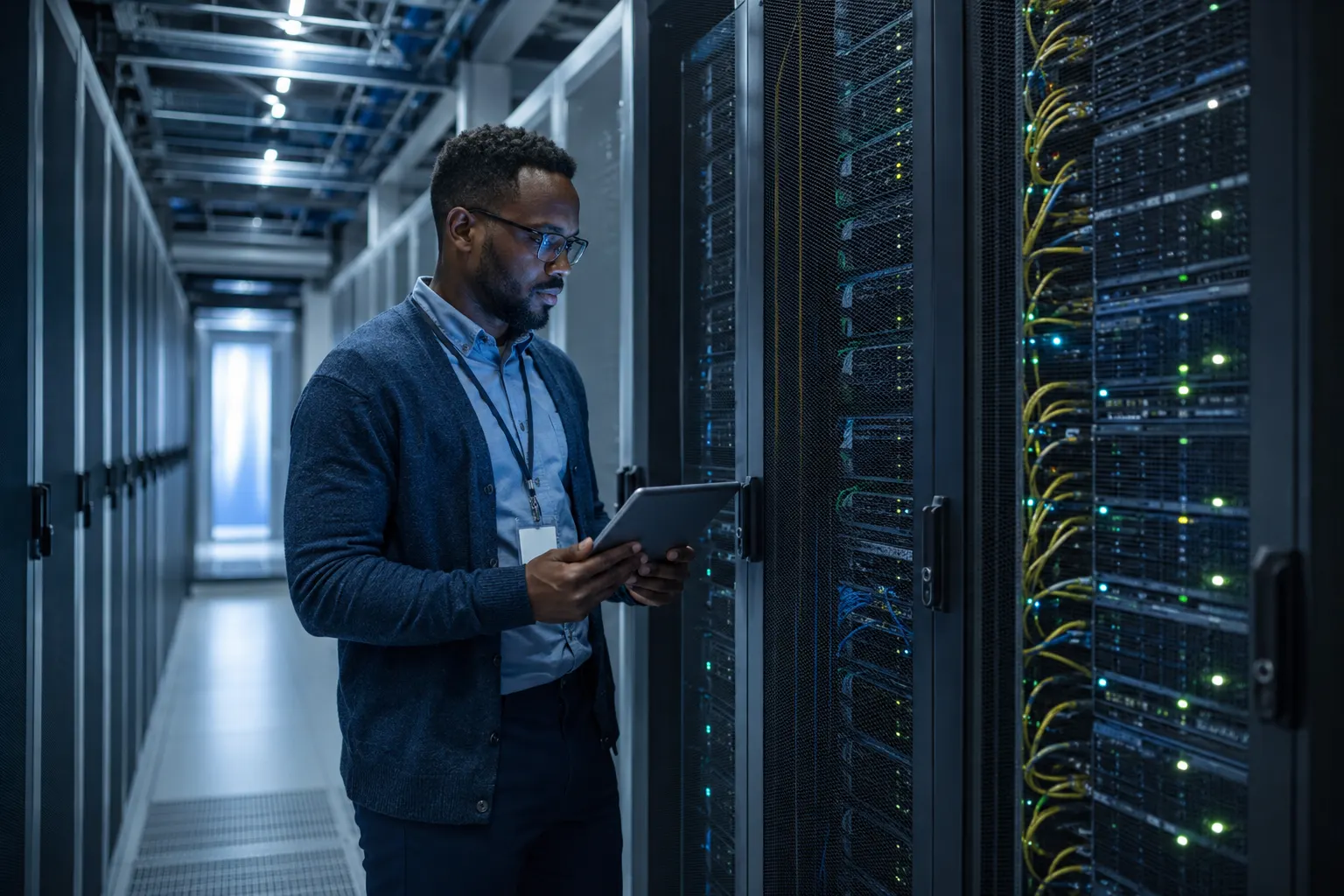 Ingénieur supervisant une infrastructure cloud dans un centre de données