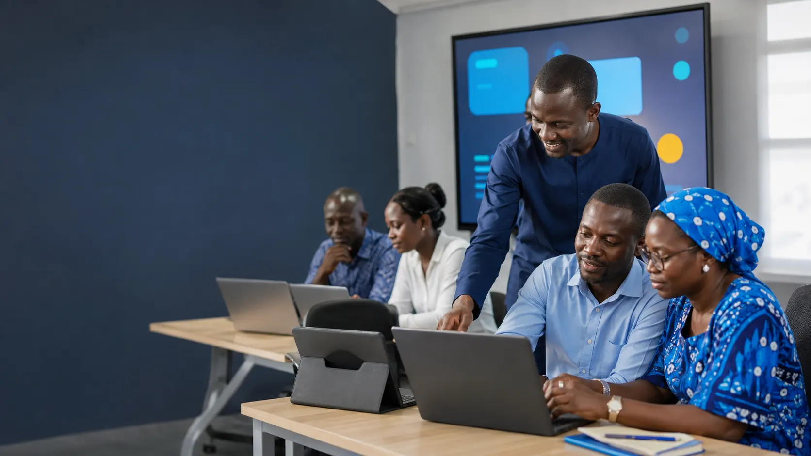 Enseignant et apprenants collaborant avec des outils numériques dans une salle de formation