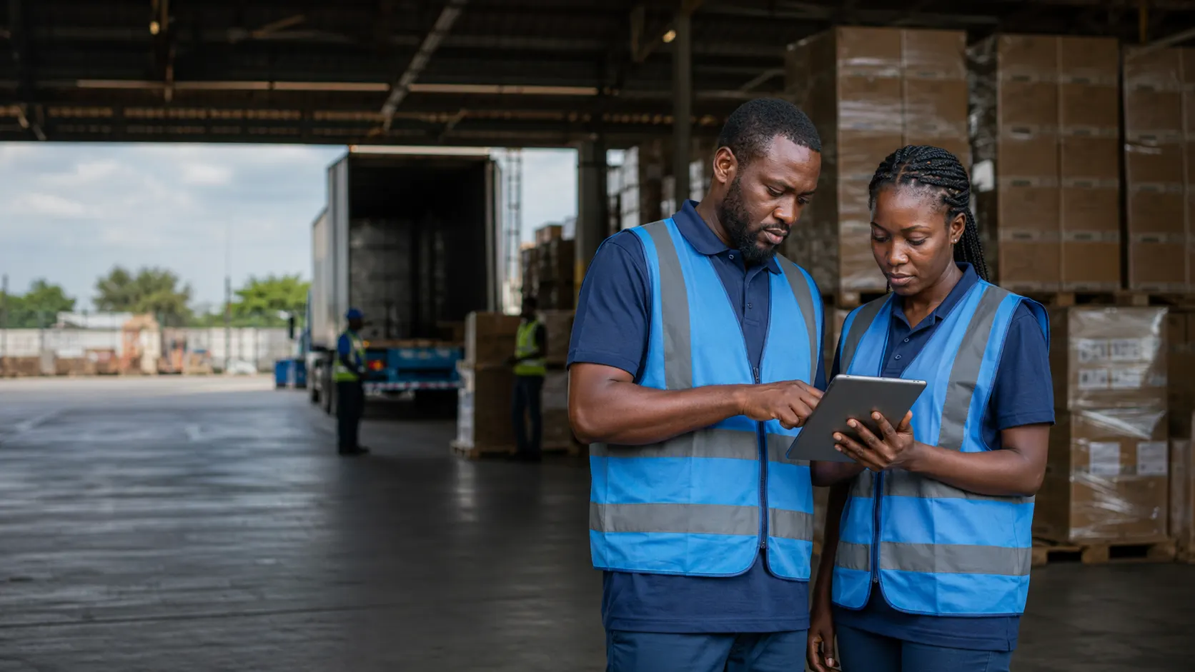 Professionnels de la logistique utilisant une tablette dans un entrepôt